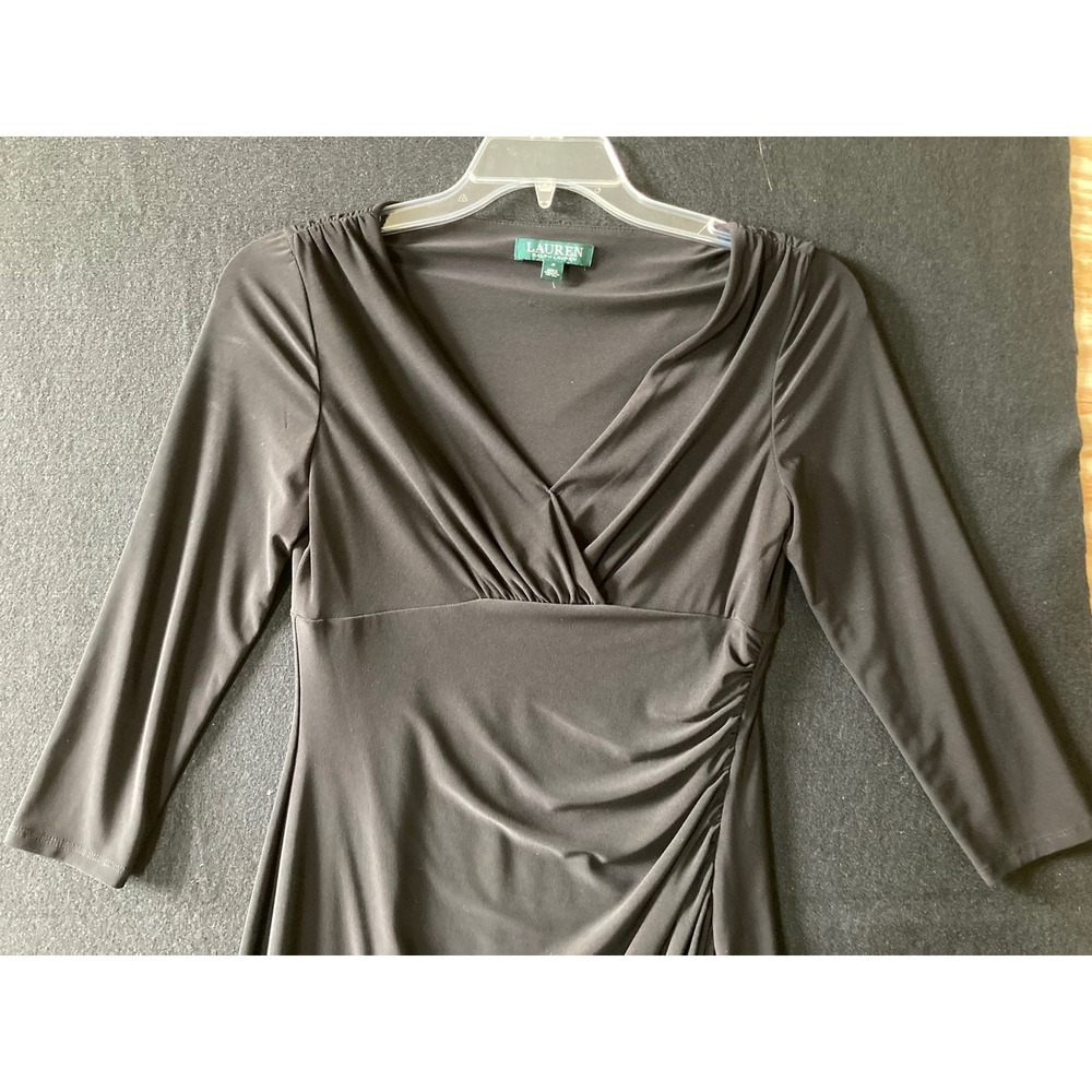 Lauren Ralph Lauren Black Ruched V-Neck Sheath Dress 3/4 Sleeve Size 6 RN41381